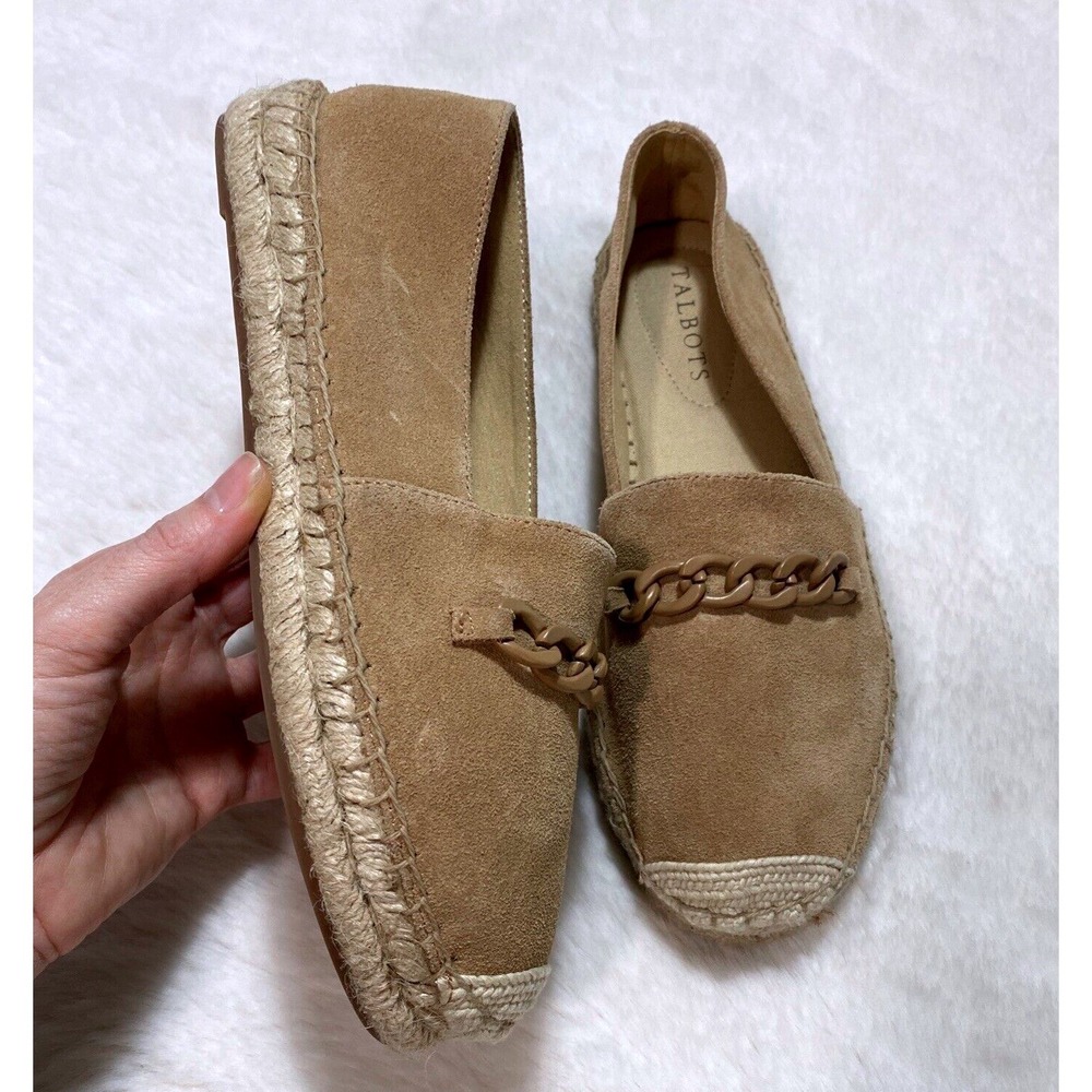 Talbots Hadley Women's 6 Tan‎ Suede Espadrille Loafers Chain Link Detail Boho
